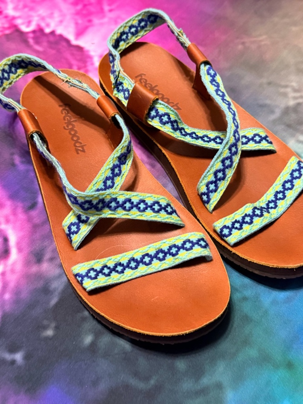 Zodiac-Inspired Brown Leather Sandals with Blue and Yellow Straps by FeelGoodz - Picture 3 of 8